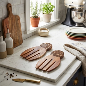 Utensilios para ensalada de madera de suar de grado alimenticio, con forma de mano, con incrustaciones de cáscara de coco oscura y blanca, diseño Catur, color marrón claro, estilo artístico. - Product Image 4