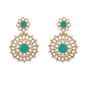 Ensemble de collier et boucles d'oreilles ethniques plaqués or avec pierre turquoise et perle d'imitation, bijoux de mariage pour femmes - Product Image 5