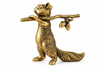 Statue d'écureuil en laiton artisanale avec branche d'arbre et gland, figurine d'animal détaillée, finition or antique, métal, faune sauvage