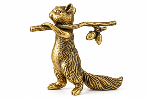 Estatua de Ardilla de Latón Hecha a Mano con Rama de Árbol y Bollo, Figura de Animal Detallada, Acabado en Oro Antiguo, Metal, Vida Silvestre - Product Image 2