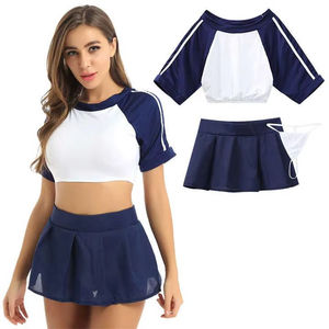 Women's Navy White Cheerleader <b>Crop</b> <b>Top</b> And Skirt Set Breathable Polyester Two Piece Uniform For Adults - Product Image 1
