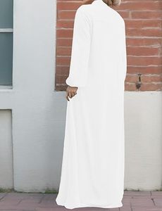 Women White Solid Color <b>Abaya</b> Long Sleeve Stand Collar Floor Length Modest Dress Lightweight Cotton Middle East <b>Prayer</b> Wear - Product Image 3