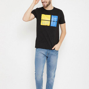 เสื้อยืดคอกลมแขนสั้นสีดำสำหรับผู้ชายเสื้อยืดผ้าฝ้ายพอดีตัวปกติพิมพ์ลายหน้าจอเรขาคณิต - Product Image 6