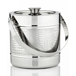 Cubo de Hielo de Acero Inoxidable con Acabado Plateado Hecho a Mano con Asas de Cuero para Bar y Enfriador de Vino para Fiestas, Cubo de Hielo Redondo de Metal - Product Image 6