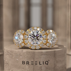 14K White Gold Three Stone Halo Diamond Ring 1.50CT Round Cut Engagement Ring Pave Set Luxury <b>Bridal</b> Jewelry - Product Image 1