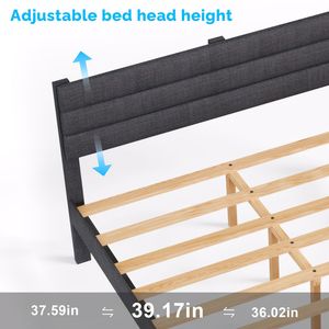 Luxurious Dark Gray Tufted Platform <b>Bed</b> Frame <b>Queen</b> <b>Size</b> with Linen Like Upholstery Soft Horizontal Stripe Headboard - Product Image 6