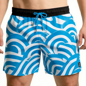 Traje de Baño para Hombre, Azul y Blanco con Estampado Geométrico, Secado Rápido, Cintura Media con Cordón, Shorts Casuales, 100% Poliéster Tejido - Product Image 1