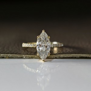 Anillo Clásico con Pavé de Oro Amarillo de 14K, Diamante Cultivado en Laboratorio Certificado por IGI de 2 CT, Corte Marquesa, Anillos de Halo para Aniversario, Boda o Compromiso - Product Image 1