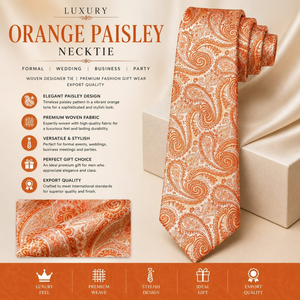 Luxury <b>Orange</b> Paisley Necktie | <b>Men</b> Formal, Wedding, Business Party Woven Designer <b>Tie</b> Premium Fashion Gift Wear Export Quality - Product Image 4