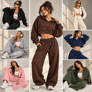 Bespoke Custom Loungewear Set Manufacturer <b>Cropped</b> Hoodie Wide Leg Pants Set OEM ODM Women's Tracksuit <b>Jogger</b> Sets Manufacturer - Product Image 1