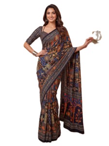 Traditional Indian Ethnic Digital Ajrak Print Chinon Floor-Length Elegant <b>Saree</b> Real Mirror Work <b>Blouse</b> for Women-Best Price - Product Image 2