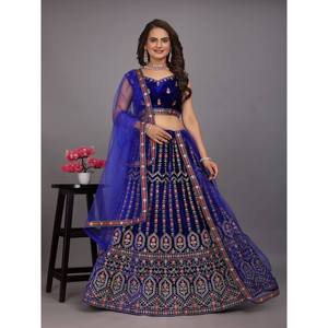 DISEÑADOR AGUJA DE SECUENCIA DE TERCIOPELO CODIFICACIÓN TRABAJO LEHENGA CHOLI CON DUPATTA AZUL - Product Image 1