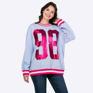 เสื้อสเวตเชิ้ตโอเวอร์ไซส์สีฟ้าอ่อนสำหรับผู้หญิง พิมพ์ลายตัวเลข 98 สีชมพูฟอยล์ แขนยาว คอกลม ถักทอแบบพูลโอเวอร์ สำหรับฤดูใบไม้ร่วงและฤดูหนาว - Product Image 1