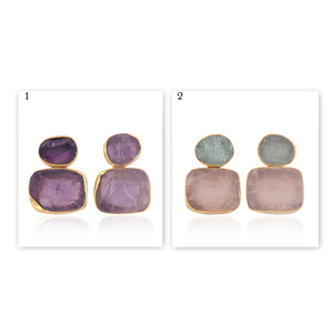 Boucles d'oreilles pendantes géométriques en améthyste violette, laiton plaqué or 18 carats, serti clos, fermeture à bouton-poussoir, pierre brute, style ethnique unique et affirmé - Product Image 5