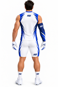 Ensemble d'uniformes de football 7v7 personnalisés blanc et bleu roi, comprenant un maillot sans manches, un short de compression, des manchons de bras et des gants de receveur pour équipes - Product Image 5