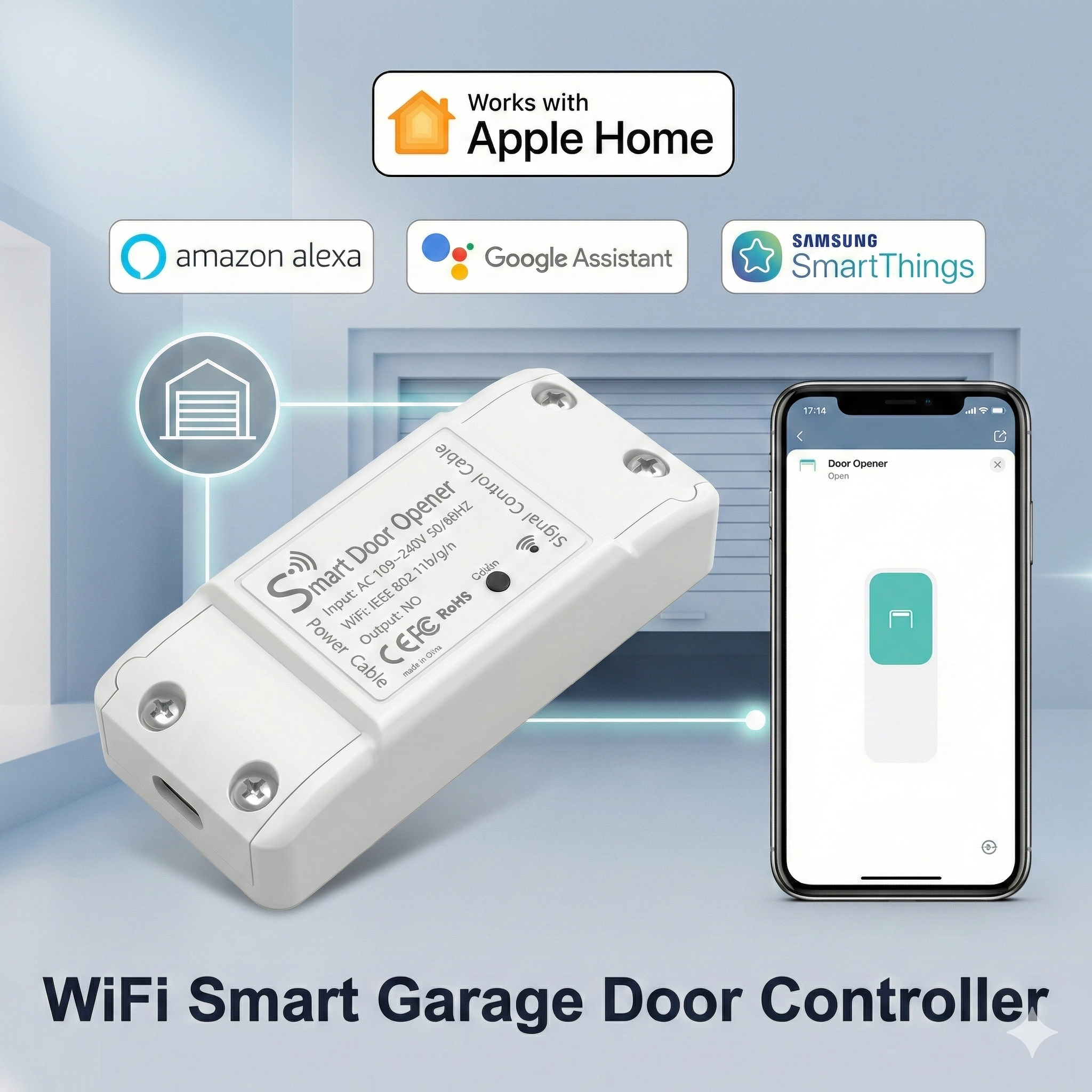 WiFi Smart Garage Door Opener Controller Support <strong>Apple</strong> HomeKit <strong>Alexa</strong> Google Home SmartThings Voice Control Remote Switch Sensor