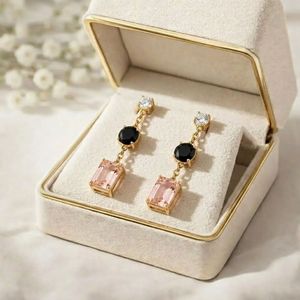 Handmade Morganite & <b>Black</b> Obsidian <b>Earrings</b> CZ Accent Rectangle Drop <b>Stud</b> Minimalist Gemstone Jewelry Gift For Her - Product Image 1