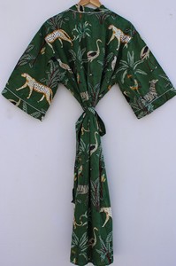 Bata tipo kimono con estampado de selva verde para mujer, bata envolvente de algodón con cuello en V, ropa de verano de longitud completa, batas para damas de honor, ropa de playa - Product Image 5