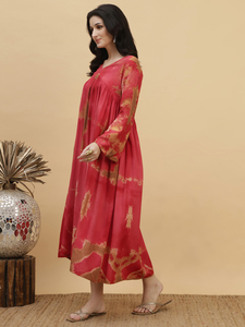 Vestido Casual de Rayón con Estampado Tie-Dye Rojo Hecho a Mano para Mujer, Estilo Línea A, Ligero y Transpirable, Ideal para Uso Diario y Fiestas - Product Image 3