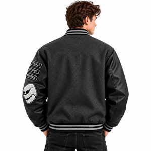Veste varsity en laine noire pour homme avec manches en simili cuir, patch lettres, boutons pression, veste décontractée - Product Image 3