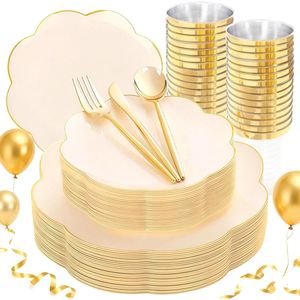 EI 180pcs Beige Plastic <b>Dinnerware</b> <b>Set</b> 30 Heavy-Duty Disposable Party Plates with Gold Plastic Silverware for Parties - Product Image 3