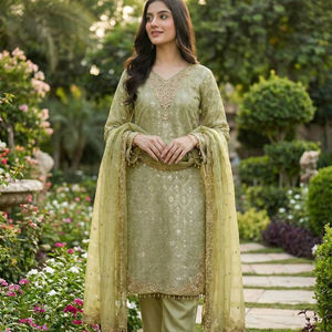 Ensemble de costume ethnique pour femme en soie pure prêt-à-porter avec broderie lourde, haut de créateur, pantalon et dupatta à bordure en dentelle - Product Image 1