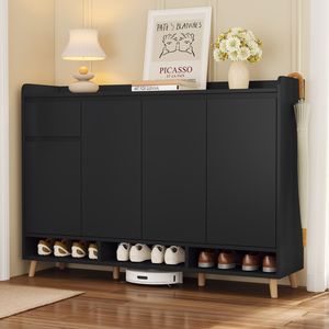 Mobiletto Portascarpe Contemporaneo di Tendenza con Ripiani Regolabili e Gambe in Legno Massello, Organizzatore Minimalista per la Casa - Product Image 1