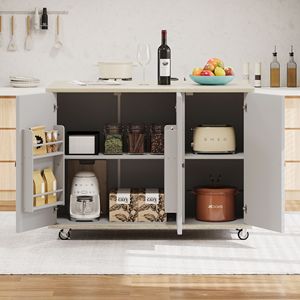Carrello da Cucina in Legno Massello da 130 cm con Isola, Impiallacciatura in Frassino, Piano Ribaltabile Intrecciato a Mano, Stile Costiero, Vano Portaoggetti Interno e Ruote - Product Image 2