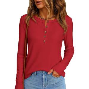 Camisetas Básicas Personalizadas para Mujer, Otoño Invierno 2025, Manga Larga, Tejido Waffle, Cuello en V con Botones, Estilo Casual y Holgado - Product Image 2