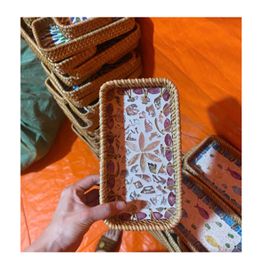 Handmade <b>Bamboo</b> Rectangle Tray With Green Leaf Pattern Bohemian Table Decoration Mats & Pads - Product Image 5