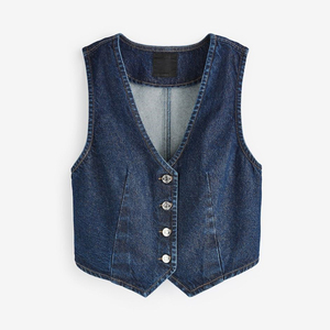 Chaleco vaquero lavado OEM para mujer con cuello puntiagudo, suministro al por mayor para boutiques independientes de ropa vaquera - Product Image 1