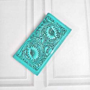 Cartera Larga de Cuero Genuino Hecha a Mano con Grabado Floral, Estilo Bohemio, Cierre Plegable, para Uso Diario de Mujeres - Product Image 3