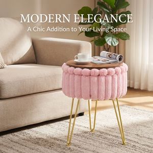 Sgabello in Pelliccia Sintetica con Gambe in Metallo e Piedini Antiscivolo, Pouf Contenitore per Camera da Letto - Product Image 4