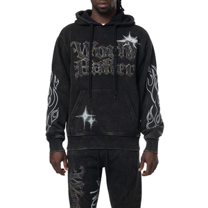 Sweat à capuche en molleton de coton mélangé, avec logo en strass sur le devant, couleur unie, style streetwear décontracté, mode hiver, anti-plis, vente en gros, dernière collection - Product Image 1