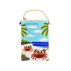 Bolso bandolera para teléfono hecho a mano con cuentas de semillas y correa de cadena dorada, diseño de grulla blanca y nubes azules, bolsos personalizados para teléfono. - Product Image 1