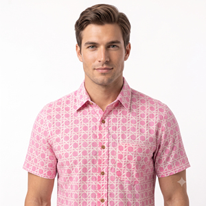 <b>Men's</b> <b>Pink</b> Geometric Print Short Sleeve Casual <b>Shirt</b> Turn-down Collar 100% Cotton Breathable ODM Summer Wear - Product Image 3
