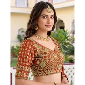 Plus Size Embroidered Silk Lehenga Choli for <b>Bride</b> with Bow and Feathers Pattern - Product Image 2