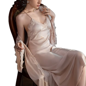 Conjunto de Dos Piezas de Lencería Sexy de Seda para Dormir, Camisón con Tirantes, Ropa de Dormir Larga de Seda para Mujer - Product Image 5