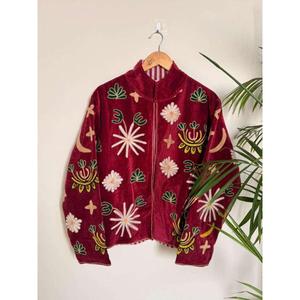 Handmade Vintage Embroidered Floral Thin High Quality Bomber <b>Jacket</b> Red <b>Velvet</b> Unisex Winter Style Heated Eco-Friendly Mandarin - Product Image 1
