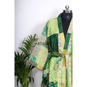 Indian Handmade Bohemian Silk Patchwork Kantha <b>Kimono</b> Robe <b>Women</b> Elegant Summer Beachwear Sleepwear Breathable Belt Tie Front - Product Image 3
