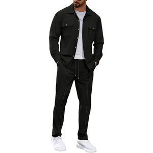 Men's Black Cotton Knitted Shirt <b>Pants</b> Set Turn-<b>down</b> Collar Solid Color Casual Autumn Wear - Product Image 6