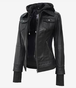 Chaqueta Bomber de Cuero Genuino para Mujer, con Capucha Desmontable, Negra, Corte Ajustado, Estilo Moto, Teñido Satinado, Impermeable, Resistente al Viento, Personalizable OEM, Venta al Por Mayor - Product Image 3