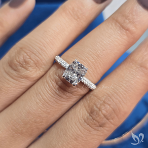 2CT Elongated Cushion Cut Lab Grown Diamond Ring Three <b>Row</b> Pave Band Balanced Elegant Form 10K White Gold - Product Image 5