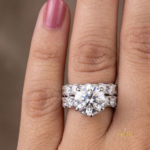 Custom 925 <b>Sterling</b> <b>Silver</b> Round Cut VVS1 Moissanite Engagement <b>Ring</b> 2 Piece Bridal Wedding <b>Set</b> with Eternity Band - Product Image 1