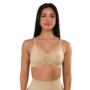 Sujetador deportivo beige con logo personalizado para mujer, top corto con cuello en V y tirantes finos, conjunto de gimnasio para fitness, ropa deportiva al por mayor - Product Image 6