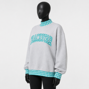 Sweat-shirt à col rond personnalisé pour femme, motif graphique, coupe oversize, bordure à carreaux, pull décontracté, streetwear, marque privée - Product Image 4
