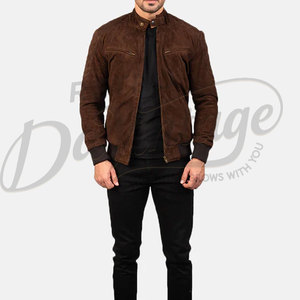 Veste en cuir suédé marron foncé pour homme, véritable peau de mouton, coupe ajustée, style motard, col à boutons pression, veste bomber décontractée d'hiver - Product Image 6