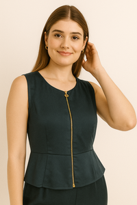 จั๊มสูทสีเขียวอมฟ้าแบบไม่มีแขน ดีไซน์เอวเปปลัมพร้อมซิปสีทอง ขากว้าง ผลิตจากผ้าโพลีเอสเตอร์ มีไซส์ M L XL XXL ขายส่ง - Product Image 2