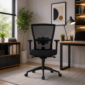 Chaise de bureau ergonomique moderne à dossier haut, de luxe, en tissu et cuir, avec base pivotante, structure en acier, hauteur réglable et roulettes - Product Image 1
