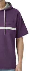 Sudadera con Capucha Personalizada para Hombre, Color Morado, Manga Corta, con Capucha Gris, Bolsillo con Rayas en Contraste, Estilo Casual Urbano, Venta al Por Mayor OEM - Product Image 4